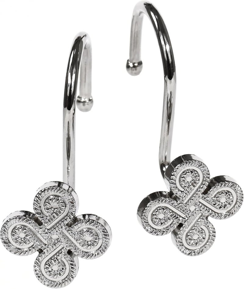 Popkozzi Nickel Shower Curtain Hooks Rings: Silver Rust Proof Metal Shower Hooks for Bathroom - Flower Clover Designed Decorative Curtain Rings Hangers for Shower Rod - Set of 12 - Image 1